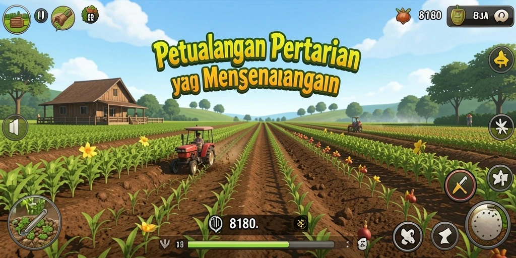 Screenshot gameplay 8180 menampilkan kebun yang subur dan animasi hewan peliharaan.