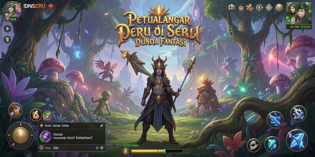 Screenshot utama IDNSERU menampilkan petualangan seru di latar belakang fantastis.