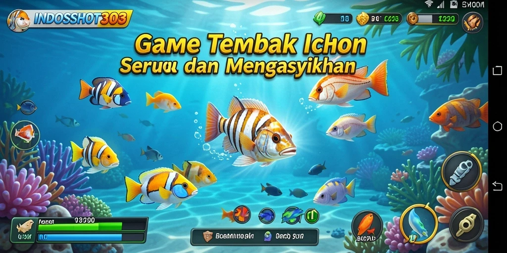 Gameplay seru menembak ikan berwarna-warni di bawah laut.