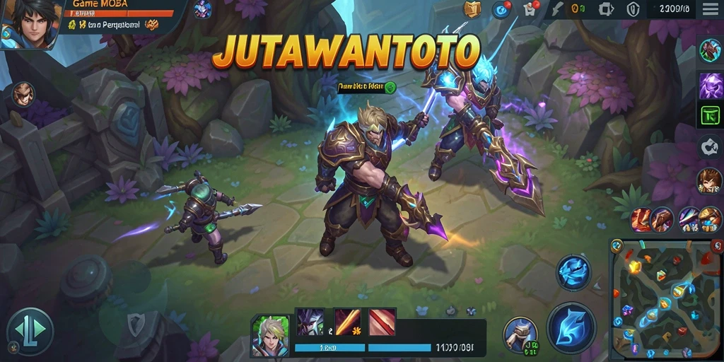 Screenshot gameplay seru JUTAWANTOTO dengan pertempuran karakter MOBA.
